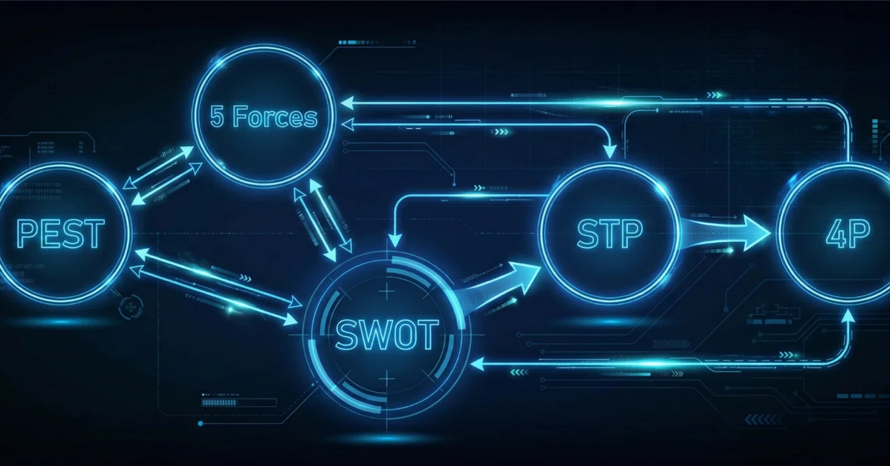 フレームワークを組み合わせて戦略を立体化するイメージ